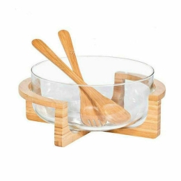 Σαλατιέρα Γυάλινη 24cm Με Βάση Bamboo Clear-Natural Marva Large Γυαλί,Bamboo