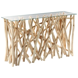 Κονσόλα Στυλ Ρουστίκ HM9373 120x35x75cm Από Μασίφ Teak Ξύλο Natural Ξύλο,Γυαλί