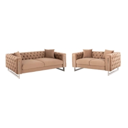 Σαλόνι (Σετ 2Τμχ) Mobar Τ.Chesterfield HM11936.03 Πόδια Μεταλλικά & Βελούδο Beige Βελούδο, Μέταλλο