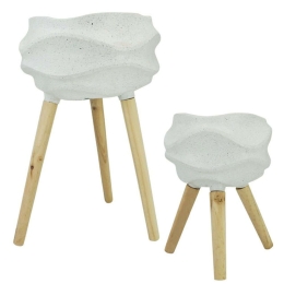 Κασπώ Κυματιστό (Σετ 2Τμχ) 06-00-19502 SET Φ32x58/24x36cm Ecru-Natural Marhome Κεραμικό,Ξύλο