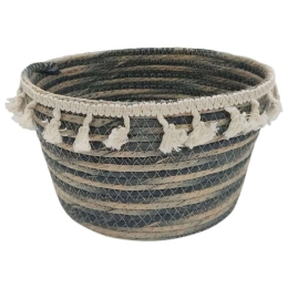 Καλάθι Οβάλ Ριγέ 00.06.61261 Με Φούντες 24x20x16cm Ψάθινο Natural-Blue Ψάθα
