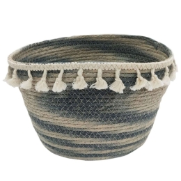 Καλάθι Οβάλ Ριγέ 00.06.61262 Με Φούντες 30x24x20cm Ψάθινο Natural-Blue Ψάθα