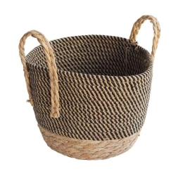 Καλάθι Με Ψάθινη Βάση 00.06.61360 Φ18,5x14,5-22cm Βαμβακερό Natural-Black Βαμβάκι, Ψάθα