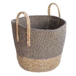 Καλάθι Με Ψάθινη Βάση 00.06.61361 Φ24x19-27cm Βαμβακερό Natural-Black Βαμβάκι, Ψάθα