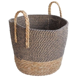 Καλάθι Με Ψάθινη Βάση 00.06.61362 Φ27x25-33cm Βαμβακερό Natural-Black Βαμβάκι, Ψάθα