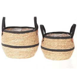 Καλάθια (Σετ 2Τμχ) 012.862464059 Με Χέρια Φ27x25cm Ψάθινα Natural-Black Ψάθα