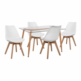 Τραπεζαρία Με Γυαλί HM11085 (Σετ 5τμχ) Natural Με Καρέκλες Vegas White 4 Θέσεων